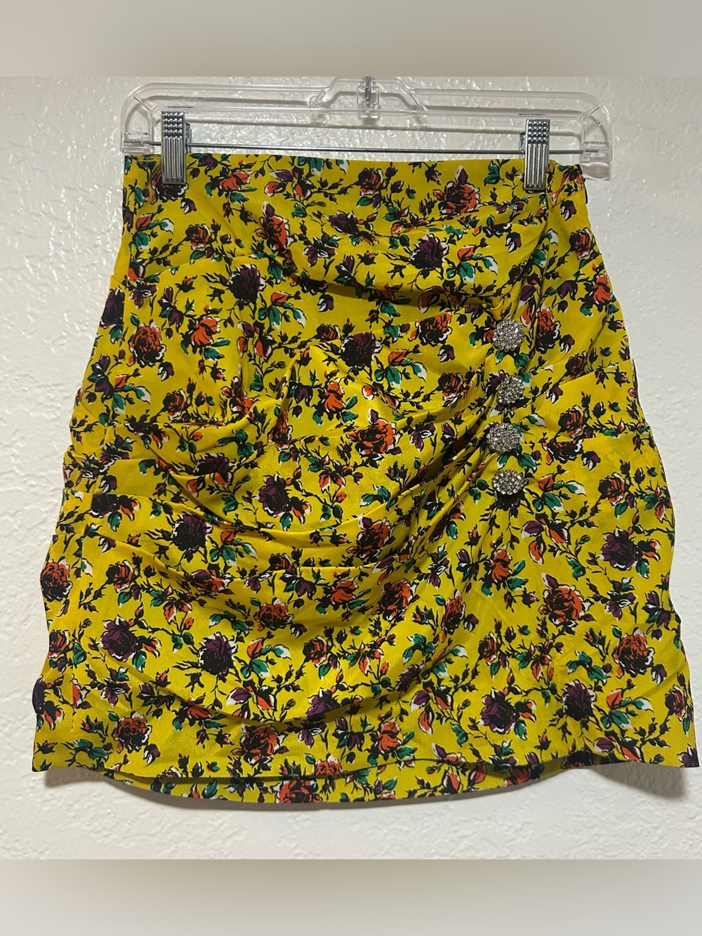 Zara Yellow Ruched Floral Mini Skirt with Jeweled Buttons
